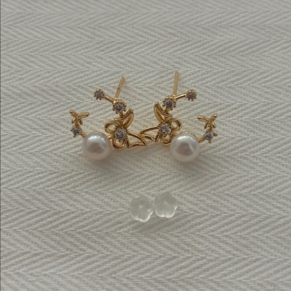 Gold Butterfly Pearl Earrings | Sterling Silver Posts | Affordable Gift for Her - Picture 2 of 7